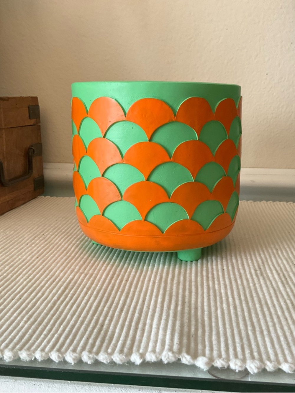 Decorative Ceramic Footed Planter in Mint Green and Orange with drainage hole